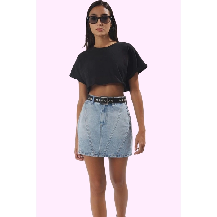 Kadın Pamuk Denim Mini Etek Yüksek Bel Soluk Efekt Günlük Kombinler İçin Dayanıklı Malzeme