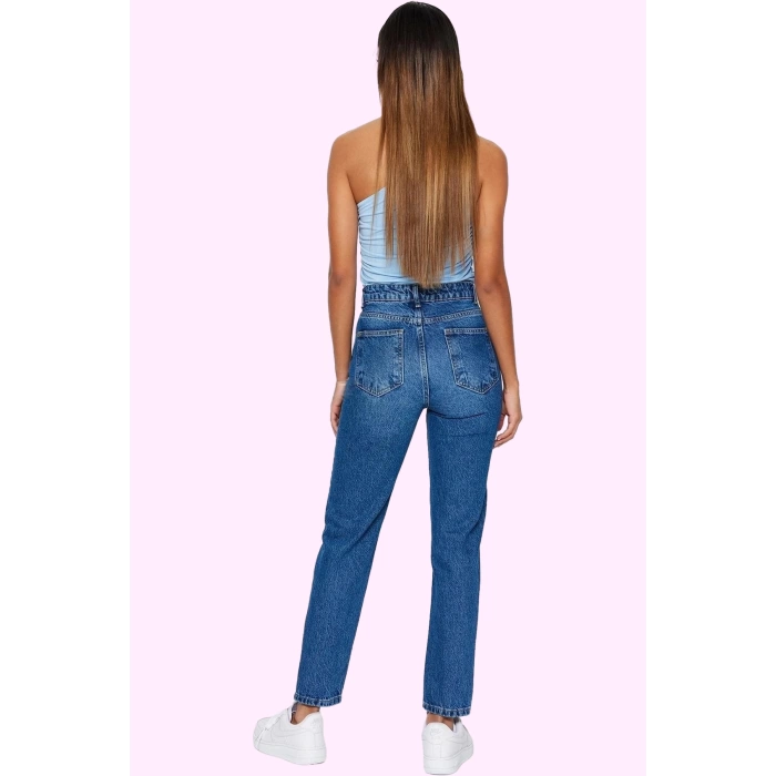Kadın Pamuk Denim Mom Jean Pantolon Yüksek Bel Regular Boy Günlük Kullanım Kaliteli Malzeme