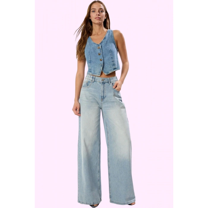 Kadın Pamuk Denim Palazzo Jean Yüksek Bel Geniş Paça Günlük Stil Yaz Aylarının Vazgeçilmezi