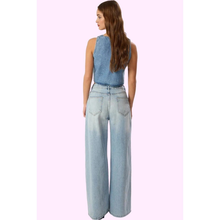 Kadın Pamuk Denim Palazzo Jean Yüksek Bel Geniş Paça Günlük ve Şık Yaz Aylarının Vazgeçilmezi