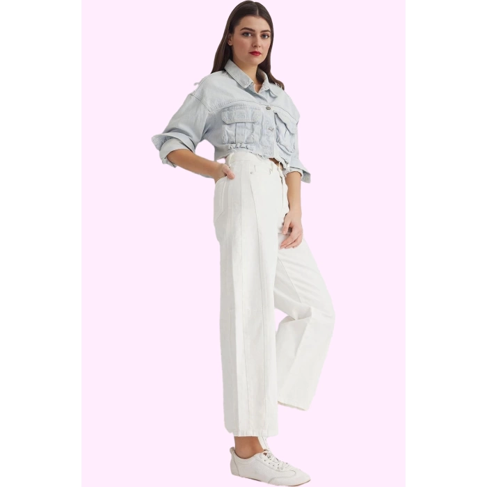Kadın Pamuk Denim Pantolon Dikiş Detaylı Yüksek Bel Geniş Paça Yaz Günlük Kullanım Hafta Sonu