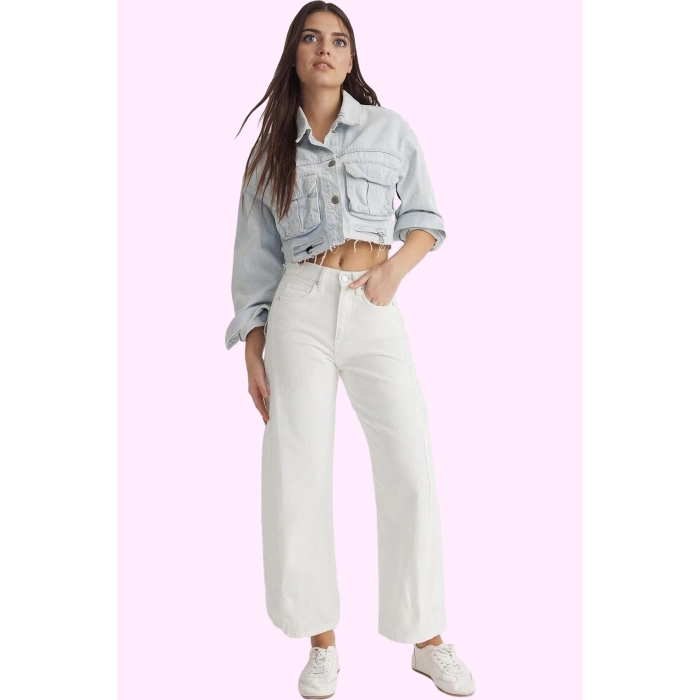Kadın Pamuk Denim Pantolon Dikiş Detaylı Yüksek Bel Geniş Paça Yaz Günlük Kullanım Hafta Sonu