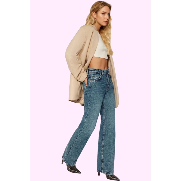 Kadın Pamuk Denim Pantolon Yüksek Bel Geniş Paça Günlük Kullanım İçin Mükemmel Özel Günler