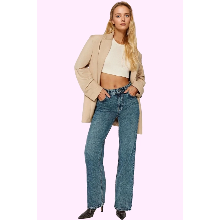 Kadın Pamuk Denim Pantolon Yüksek Bel Geniş Paça Günlük Kullanım İçin Mükemmel Özel Günler