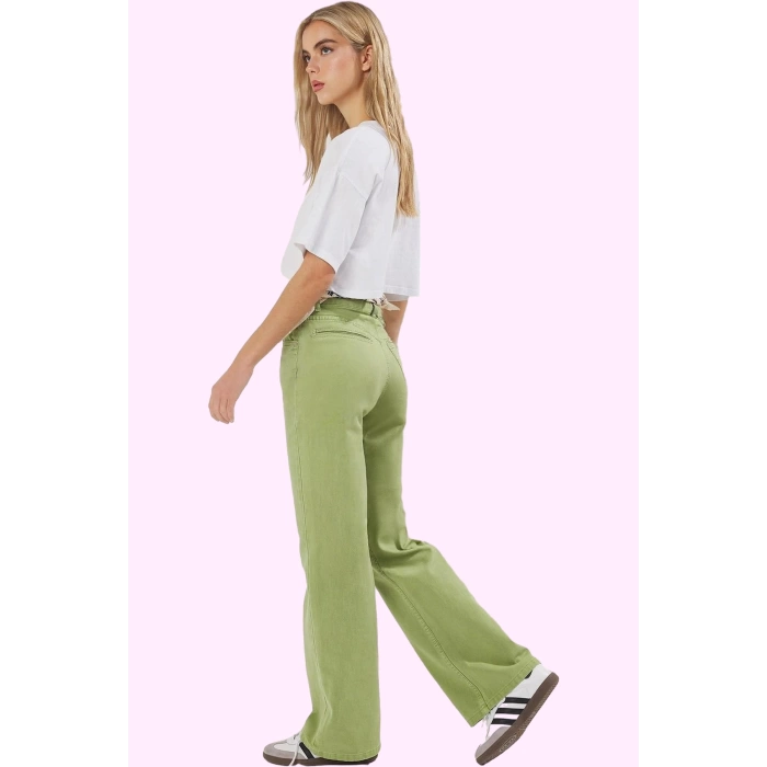 Kadın Pamuk Denim Pantolon Yüksek Bel Geniş Paça Yazlık Model Günlük Kullanım Modern Tasarım