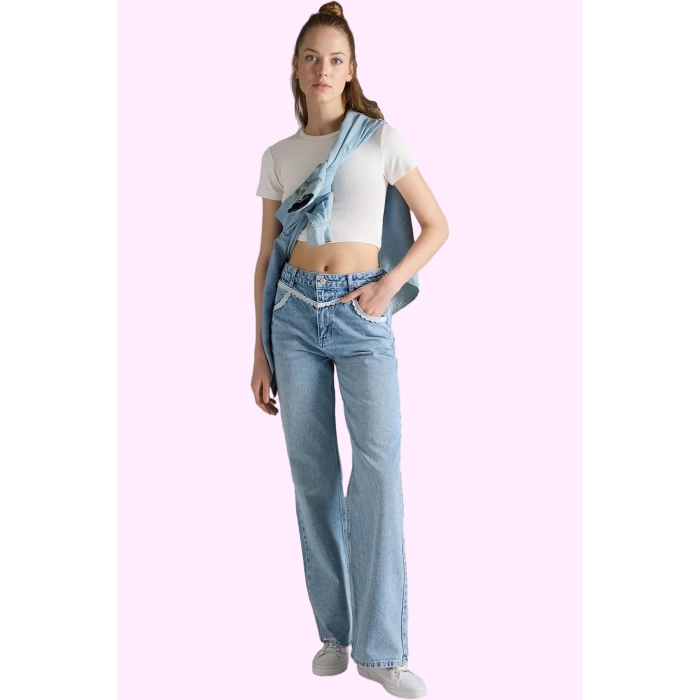 Kadın Pamuk Denim Pantolon Yüksek Bel Wide Leg Casual Günlük Kullanım Yaz Aylarının Vazgeçilmezi