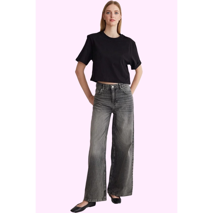 Kadın Pamuk Denim Pantolon Yüksek Bel Wide Leg Günlük Stil Hafta Sonu Yaz Aylarının Vazgeçilmezi