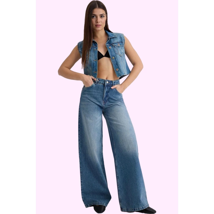 Kadın Pamuk Denim Pantolon Yüksek Bel Wide Leg Günlük Stil Hafta Sonu Yaz Aylarının Vazgeçilmezi