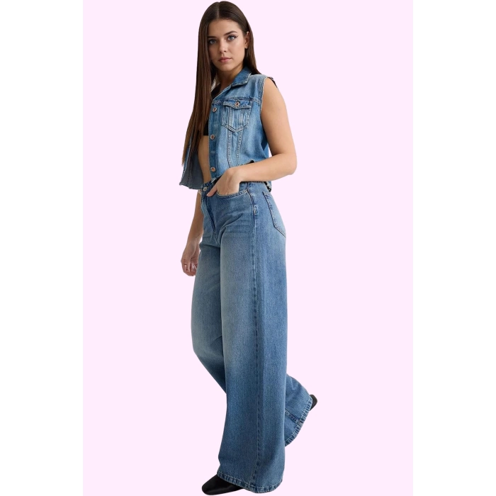 Kadın Pamuk Denim Pantolon Yüksek Bel Wide Leg Günlük Stil Hafta Sonu Yaz Aylarının Vazgeçilmezi
