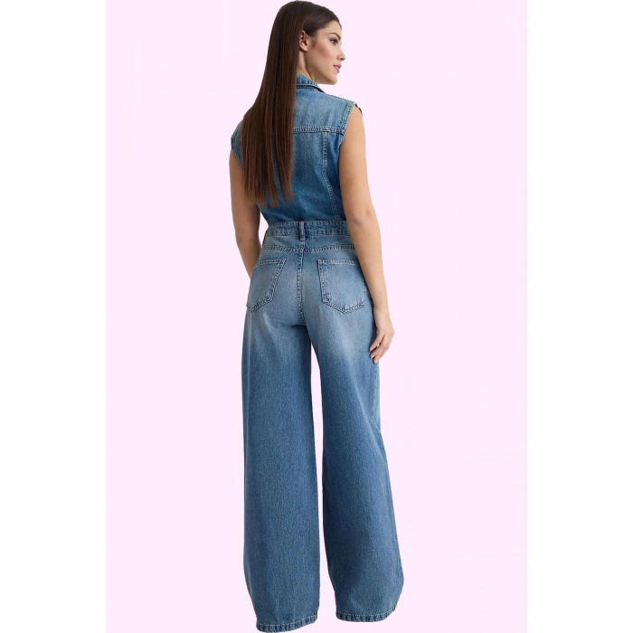 Kadın Pamuk Denim Pantolon Yüksek Bel Wide Leg Günlük Stil Hafta Sonu Yaz Aylarının Vazgeçilmezi