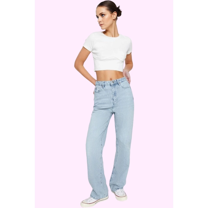 Kadın Pamuk Denim Pantolon Yüksek Bel Wide Leg Model Tüm Sezon Günlük Kullanım Özel Günler