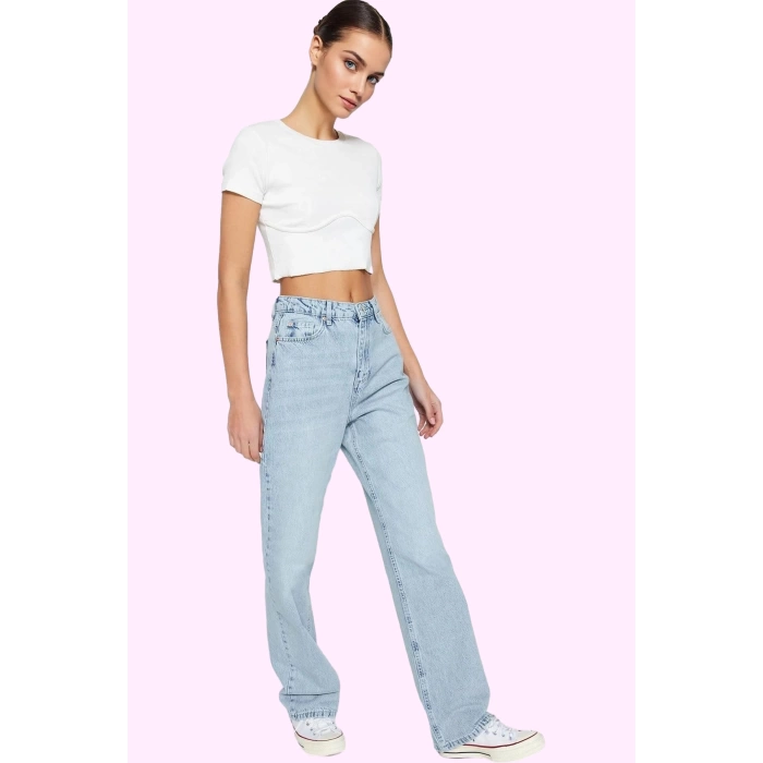 Kadın Pamuk Denim Pantolon Yüksek Bel Wide Leg Model Tüm Sezon Günlük Kullanım Özel Günler