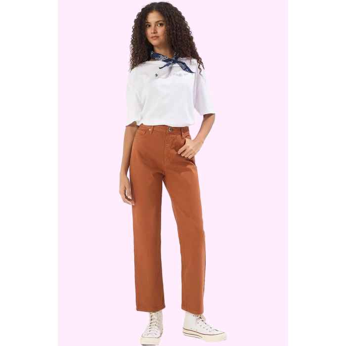 Kadın Pamuk Denim Pantolon Yüksek Belli Straight Günlük Kullanım Yaz Aylarının Vazgeçilmezi