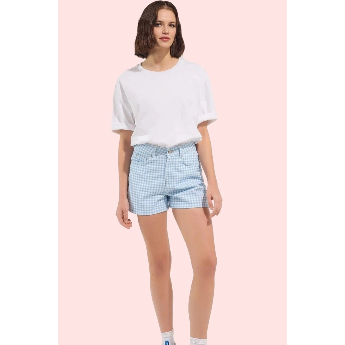 Kadın Pamuk Denim Şort Ekose Yüksek Bel Boru Paça Kısa Boy Günlük Stil Yaz Aylarının Vazgeçilmezi