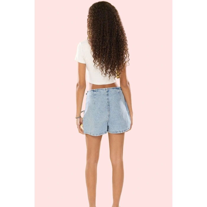 Kadın Pamuk Denim Şort Etek Bağcıklı Detay Yüksek Bel Kısa Boy Günlük Stil Kaliteli Malzeme