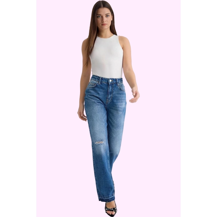 Kadın Pamuk Denim Straight Jean Yüksek Bel Yırtık Detaylı Günlük Kullanım Kaliteli Malzeme