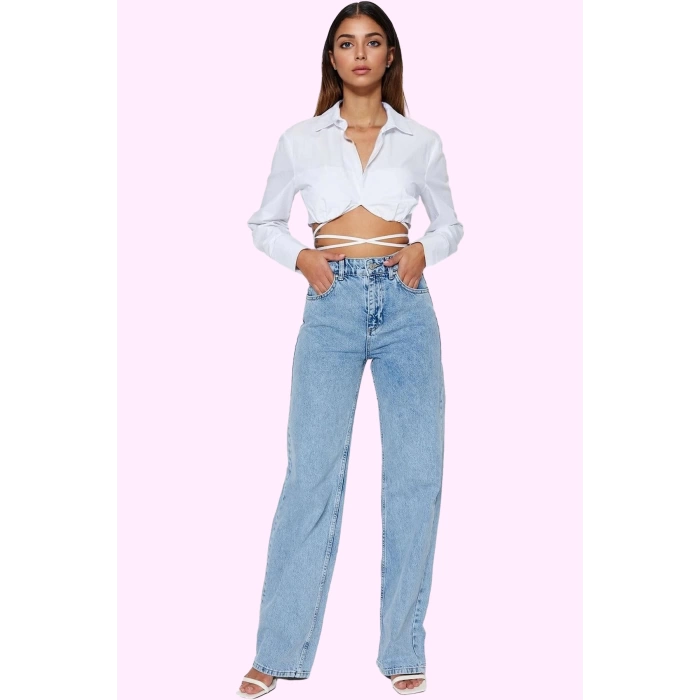 Kadın Pamuk Denim Wide Leg Jean Yüksek Bel Rahat Günlük Stil Hafta Sonu Yaz Aylarının Vazgeçilmezi
