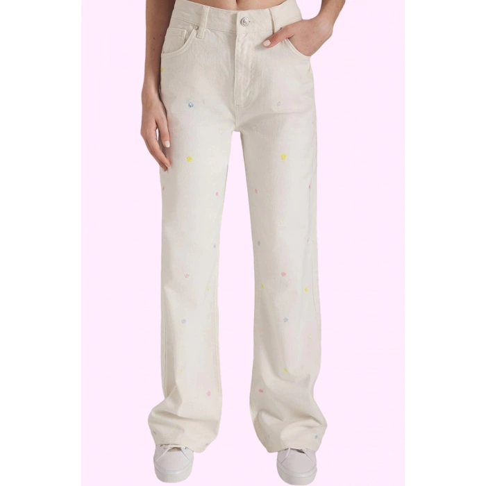 Kadın Pamuk Denim Wide Leg Pantolon Nakışlı Desen Günlük Kullanım Yaz Aylarının Vazgeçilmezi