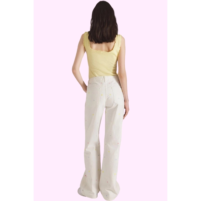 Kadın Pamuk Denim Wide Leg Pantolon Nakışlı Desen Günlük Kullanım Yaz Aylarının Vazgeçilmezi