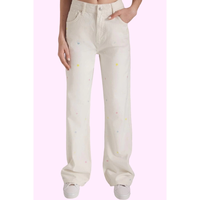 Kadın Pamuk Denim Wide Leg Pantolon Nakışlı Desen Günlük Kullanım Yaz Aylarının Vazgeçilmezi