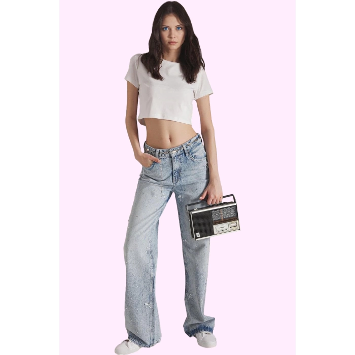 Kadın Pamuk Denim Wide Leg Pantolon Normal Bel Düz Desen Rahat Günlük Kullanım Özel Günler