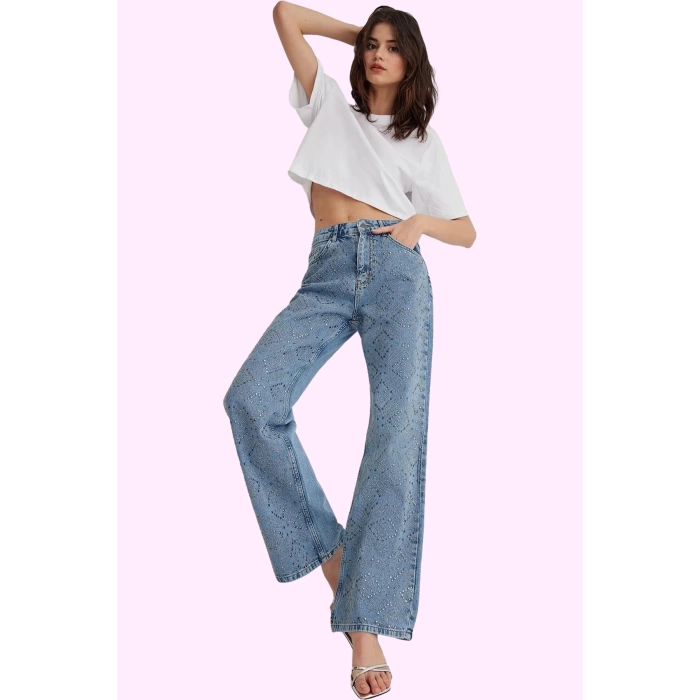 Kadın Pamuk Jean Pantolon Yüksek Bel Geniş Paça Casual Stil Günlük Kullanım Modern Tasarım
