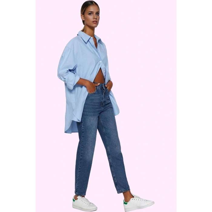 Kadın Pamuk Mom Jean Denim Pantolon Yüksek Bel Regular Boy Günlük Kullanım Kaliteli Malzeme