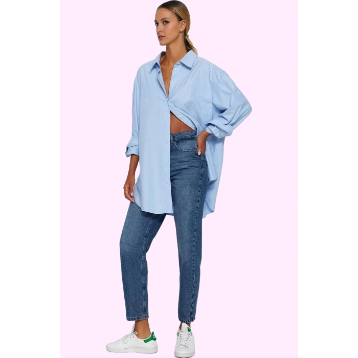 Kadın Pamuk Mom Jean Denim Pantolon Yüksek Bel Regular Boy Günlük Kullanım Kaliteli Malzeme