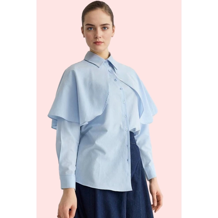 Kadın Pamuk Polyester Basic Gömlek Pelerin Detaylı Uzun Kollu Yaka Şık Günlük Modern Tasarım