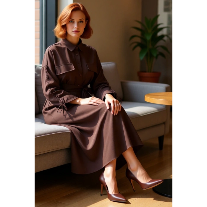 Kadın Pamuk Polyester Dokuma Maxi Gömlek Yaka Kuşaklı Uzun Büzgülü Kollu Şık Günlük Elbise