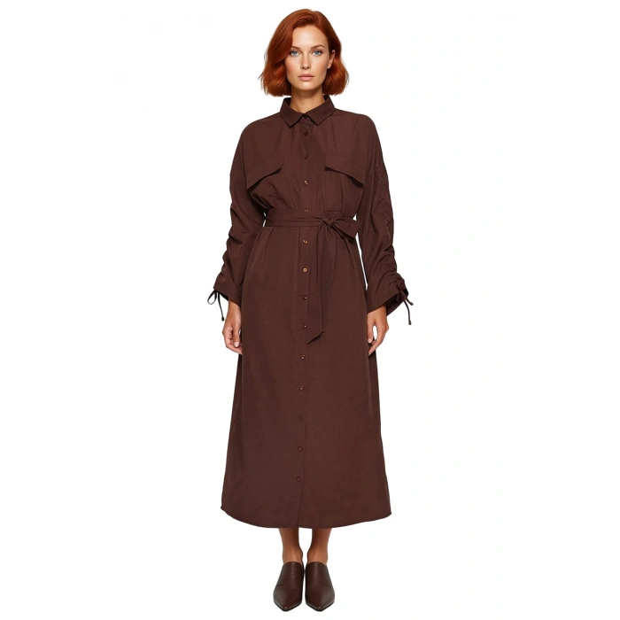 Kadın Pamuk Polyester Dokuma Maxi Gömlek Yaka Kuşaklı Uzun Büzgülü Kollu Şık Günlük Elbise