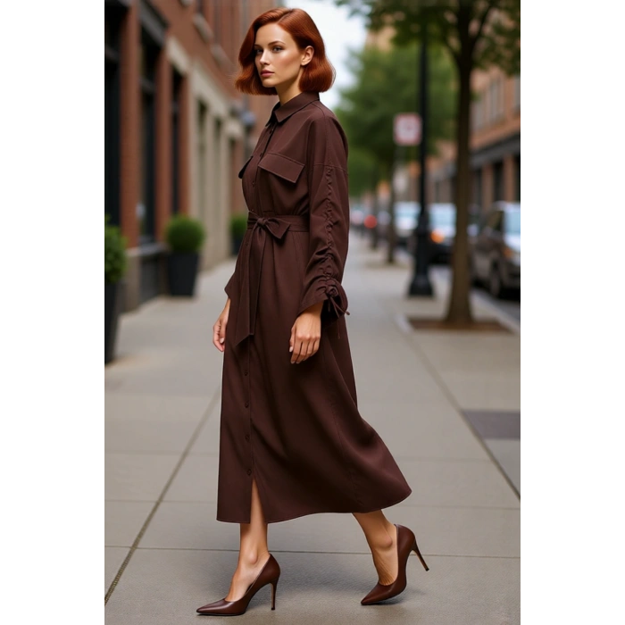 Kadın Pamuk Polyester Dokuma Maxi Gömlek Yaka Kuşaklı Uzun Büzgülü Kollu Şık Günlük Elbise