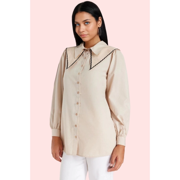 Kadın Pamuk Polyester Poplin Gömlek Taş Yaka Detaylı Günlük Kullanım Yaz Aylarının Vazgeçilmezi