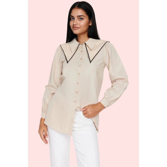 Kadın Pamuk Polyester Poplin Gömlek Taş Yaka Detaylı Günlük Kullanım Yaz Aylarının Vazgeçilmezi