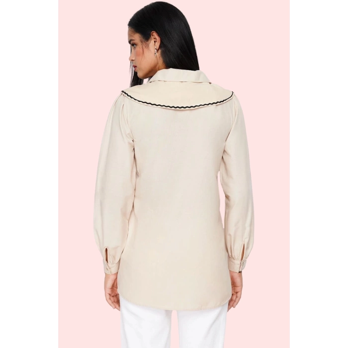 Kadın Pamuk Polyester Poplin Gömlek Taş Yaka Detaylı Günlük Kullanım Yaz Aylarının Vazgeçilmezi