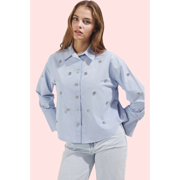 Kadın Pamuk Terrycotton Kumaş Oversize Gömlek Taş Detaylı Ramadan Koleksiyonu Günlük Kullanım