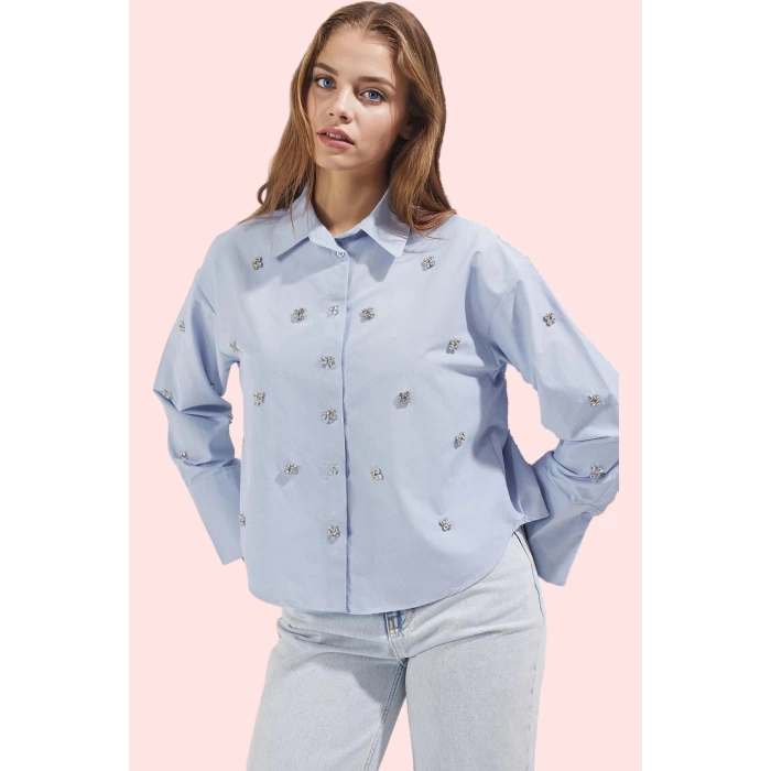 Kadın Pamuk Terrycotton Kumaş Oversize Gömlek Taş Detaylı Ramadan Koleksiyonu Günlük Kullanım