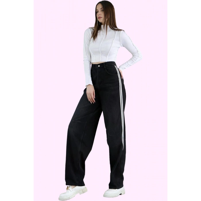 Kadın Pamuklu Barrel Jean; Yüksek Bel Geniş Paça Rigid Dokuma Günlük Kullanım Modern Tasarım
