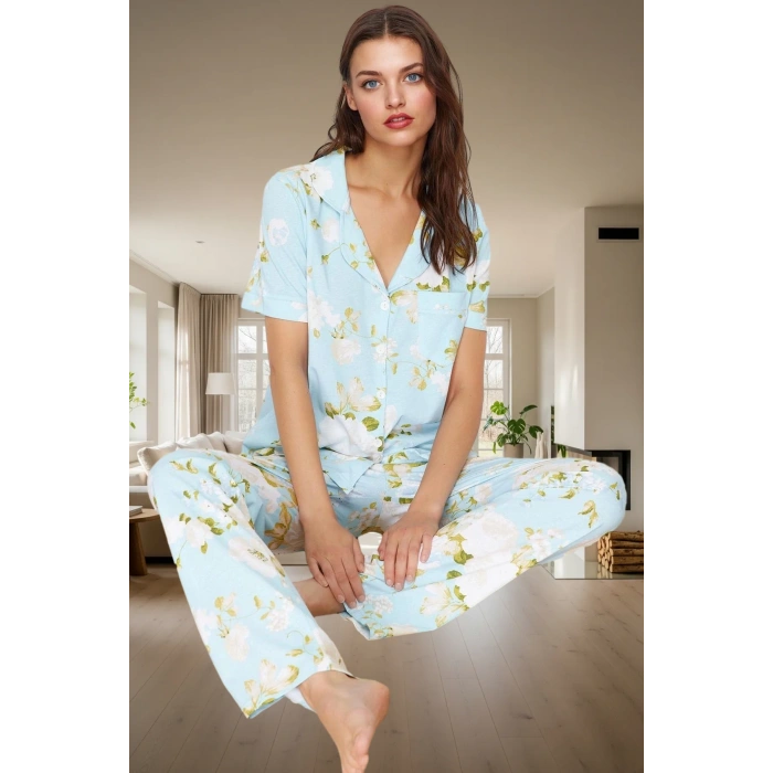 Kadın Pamuklu Çiçek Desenli Pijama Takımı Rahat Kalıp Uzun Paça Modern Stil Kaliteli İşçilik