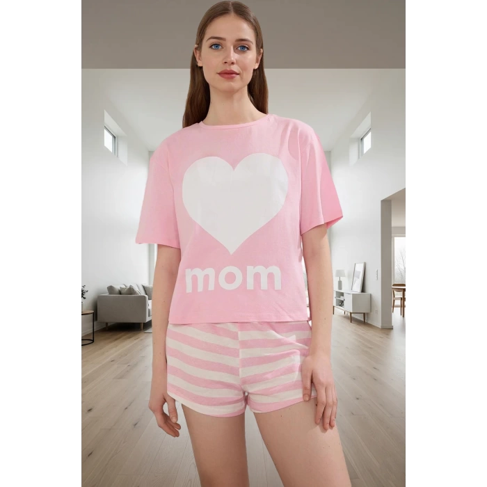 Kadın Pamuklu Çizgili Kalpli Pijama Takımı Rahat Homewear Tasarımı Uzun Ömürlü Özel Tasarım