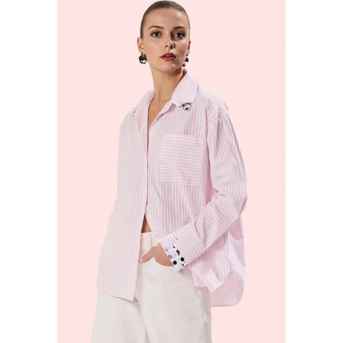 Kadın Pamuklu Çizgili Oversize Gömlek; Rahat Kesim Uzun Kollu Günlük Stil Kaliteli Malzeme