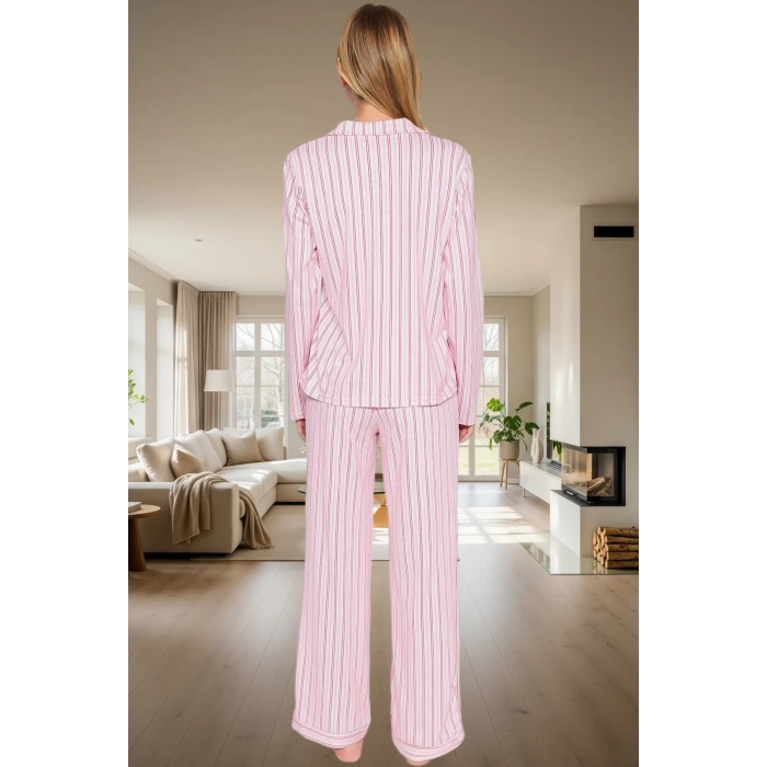 Kadın Pamuklu Çizgili Pijama Takımı Regular Kalıp Uzun Kollu Kışlık Rahat Özenle Seçilmiş