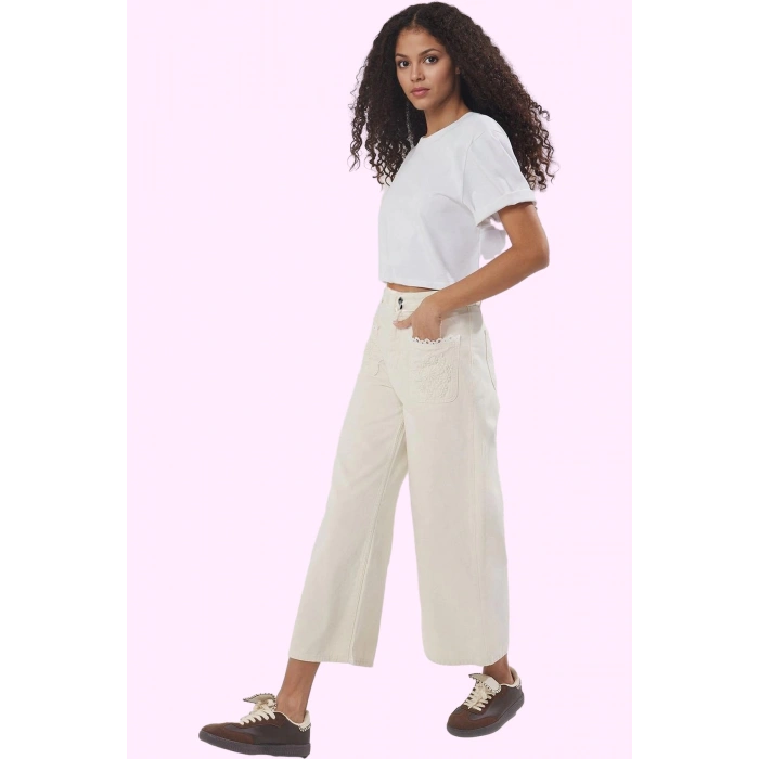 Kadın Pamuklu Denim Culotte Pantolon Yüksek Bel Geniş Paça Günlük Kombinler Modern Tasarım