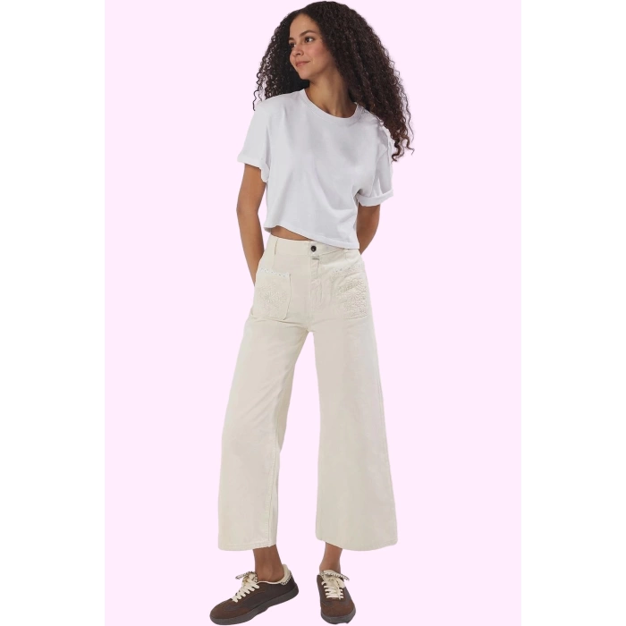 Kadın Pamuklu Denim Culotte Pantolon Yüksek Bel Geniş Paça Günlük Kombinler Modern Tasarım