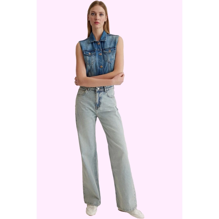 Kadın Pamuklu Denim Geniş Paça Pantolon Rahat Günlük Stil Hafta Sonu Yaz Aylarının Vazgeçilmezi