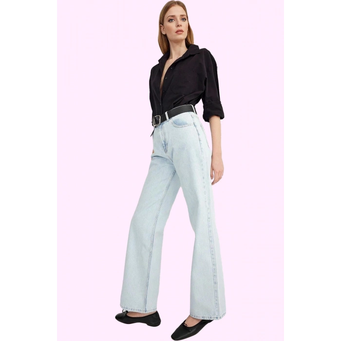 Kadın Pamuklu Denim Geniş Paça Pantolon Rahat Günlük Stil Hafta Sonu Yaz Aylarının Vazgeçilmezi