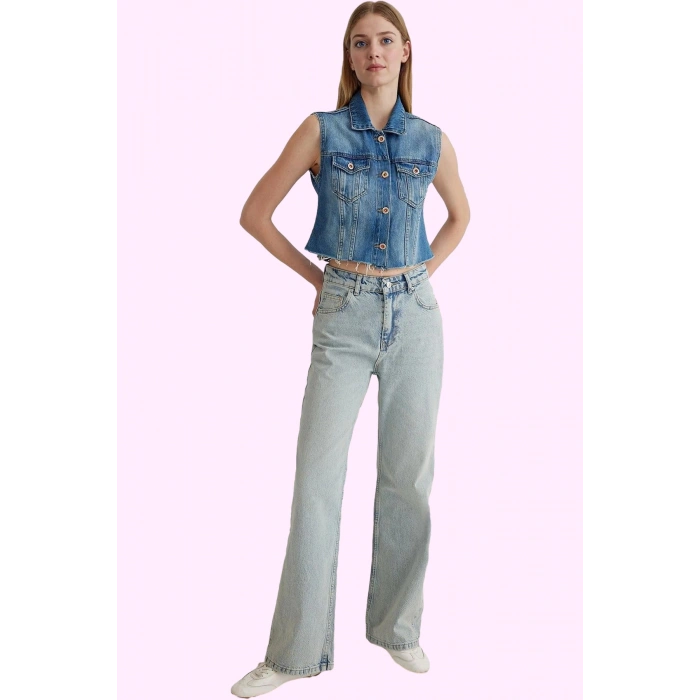 Kadın Pamuklu Denim Geniş Paça Pantolon Rahat Günlük Stil Hafta Sonu Yaz Aylarının Vazgeçilmezi