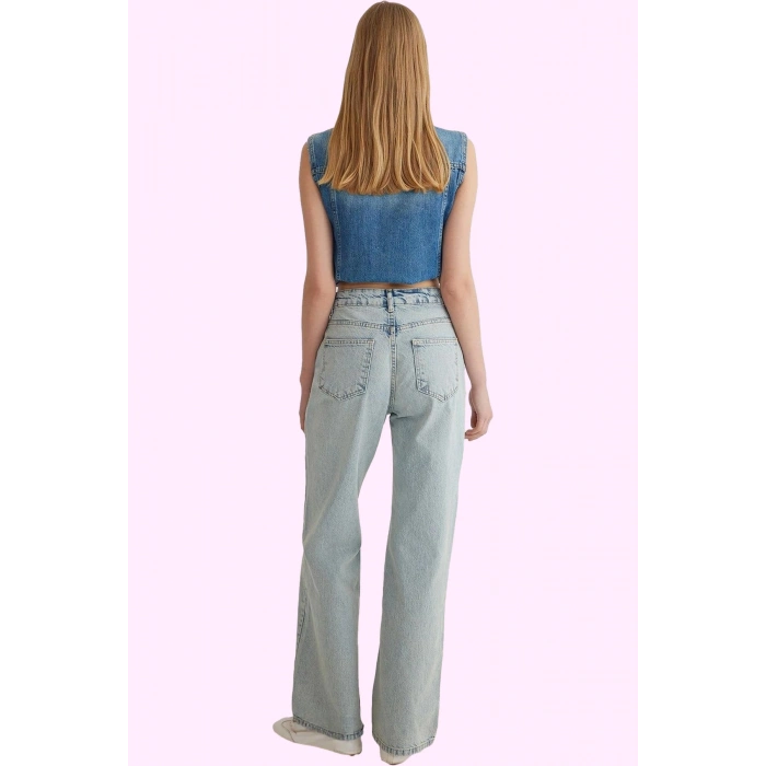 Kadın Pamuklu Denim Geniş Paça Pantolon Rahat Günlük Stil Hafta Sonu Yaz Aylarının Vazgeçilmezi