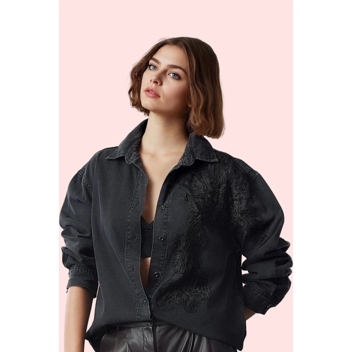 Kadın Pamuklu Denim Gömlek Dantel Detaylı Basic Siluet Günlük Ve İş Yaz Aylarının Vazgeçilmezi