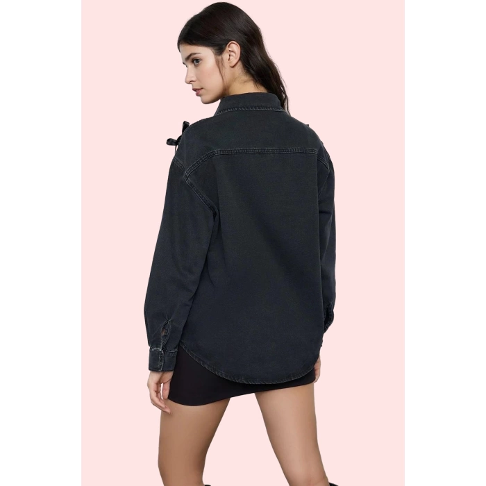 Kadın Pamuklu Denim Gömlek; Fiyonklu Oversize Günlük Kullanım İçin Yaz Aylarının Vazgeçilmezi